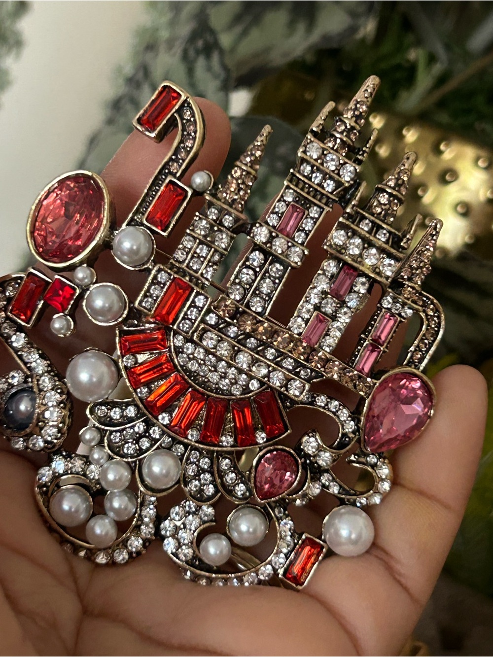 Luxury Red and Pink Jewel Brooch with Pearl Accents